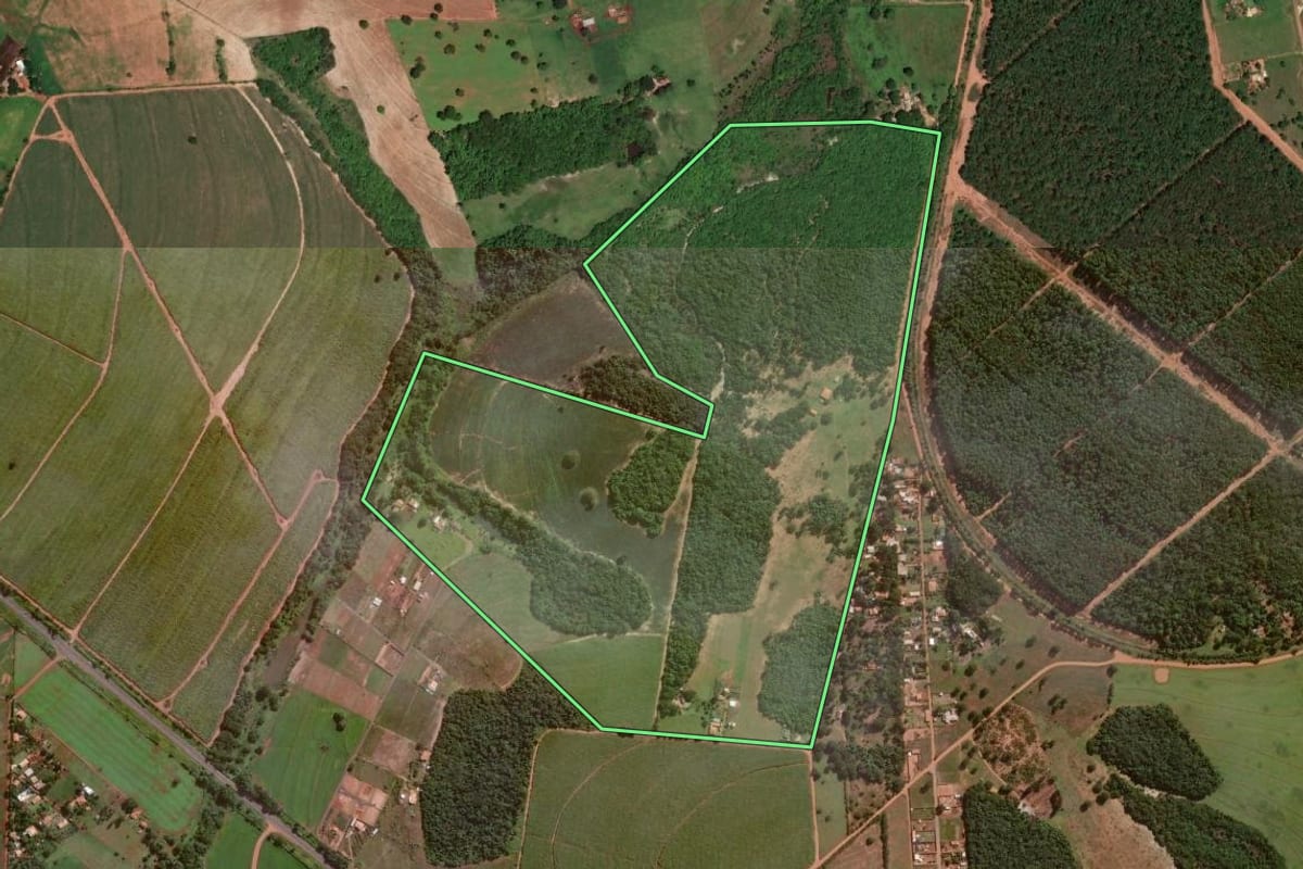 Imagem de satélite do imóvel rural em Assis (SP), com o contorno declarado no CAR desenhado por cima.