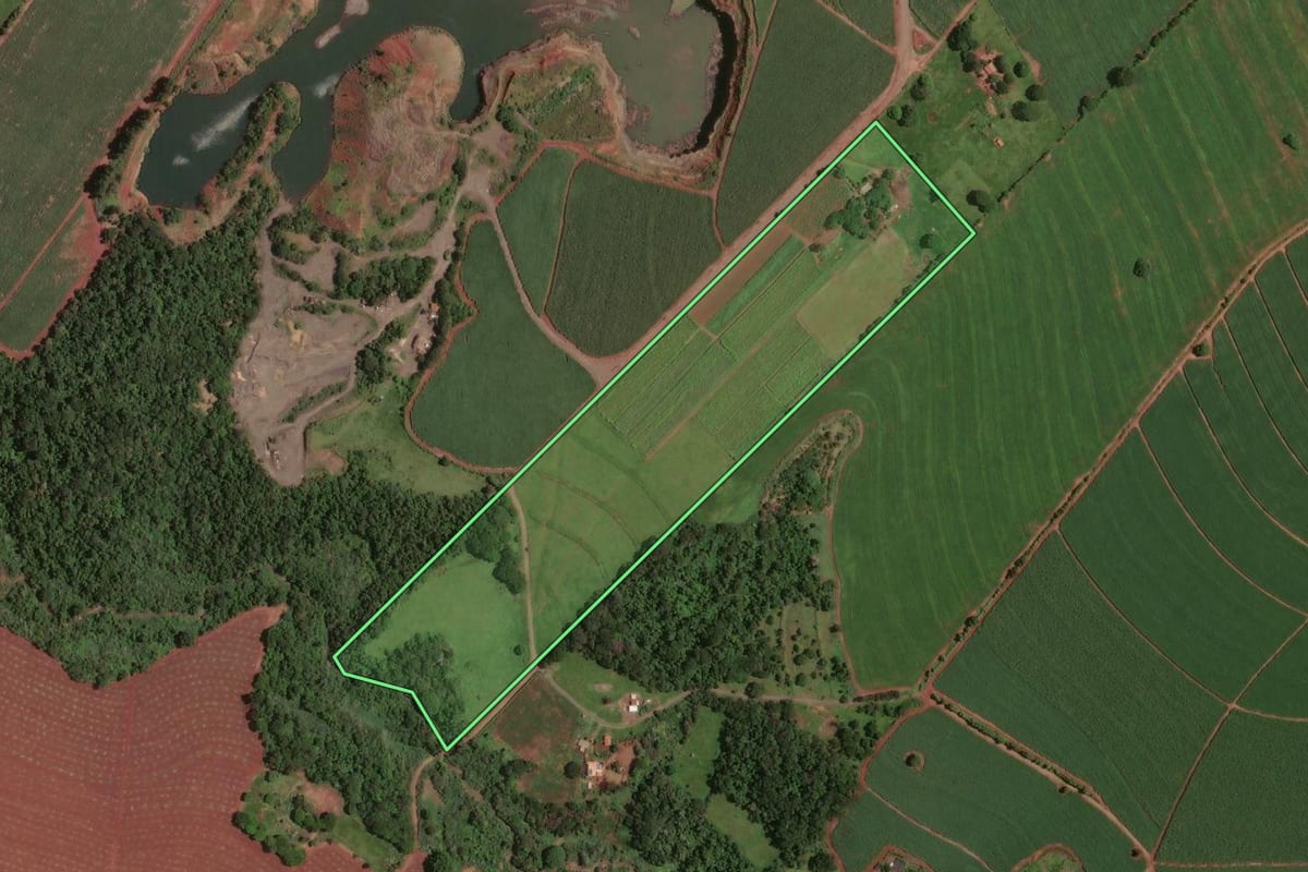 Imagem de satélite do imóvel rural em Assis (SP), com o contorno declarado no CAR desenhado por cima.
