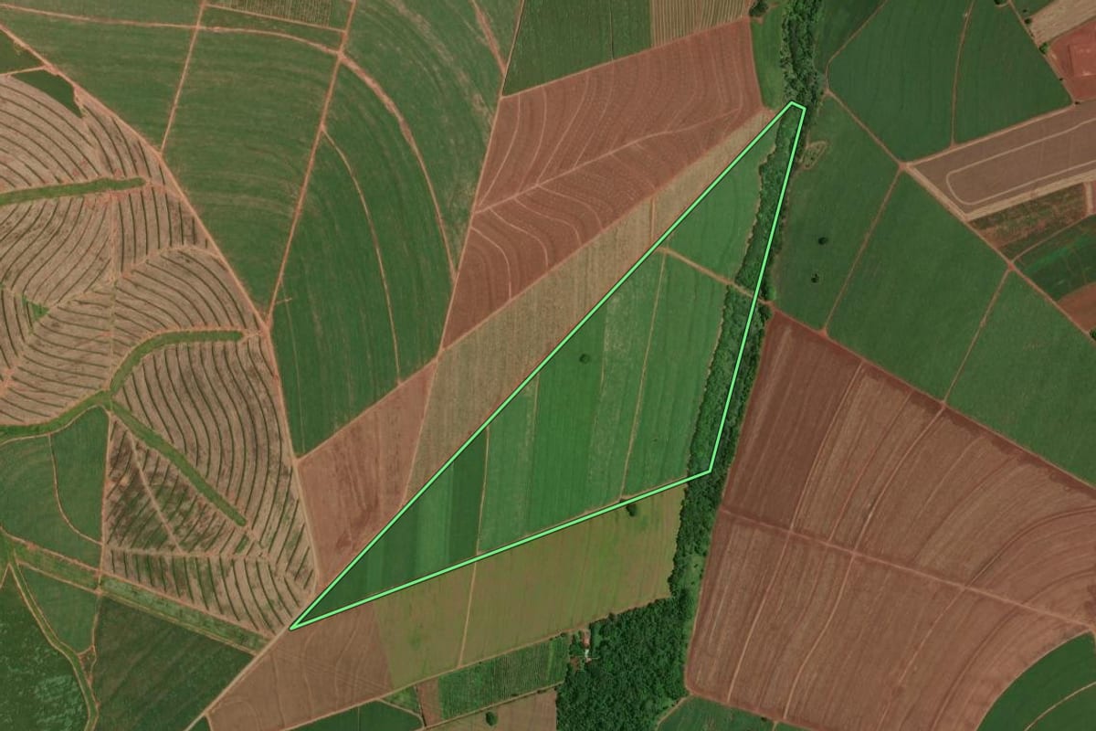 Imagem de satélite do imóvel rural em Assis (SP), com o contorno declarado no CAR desenhado por cima.