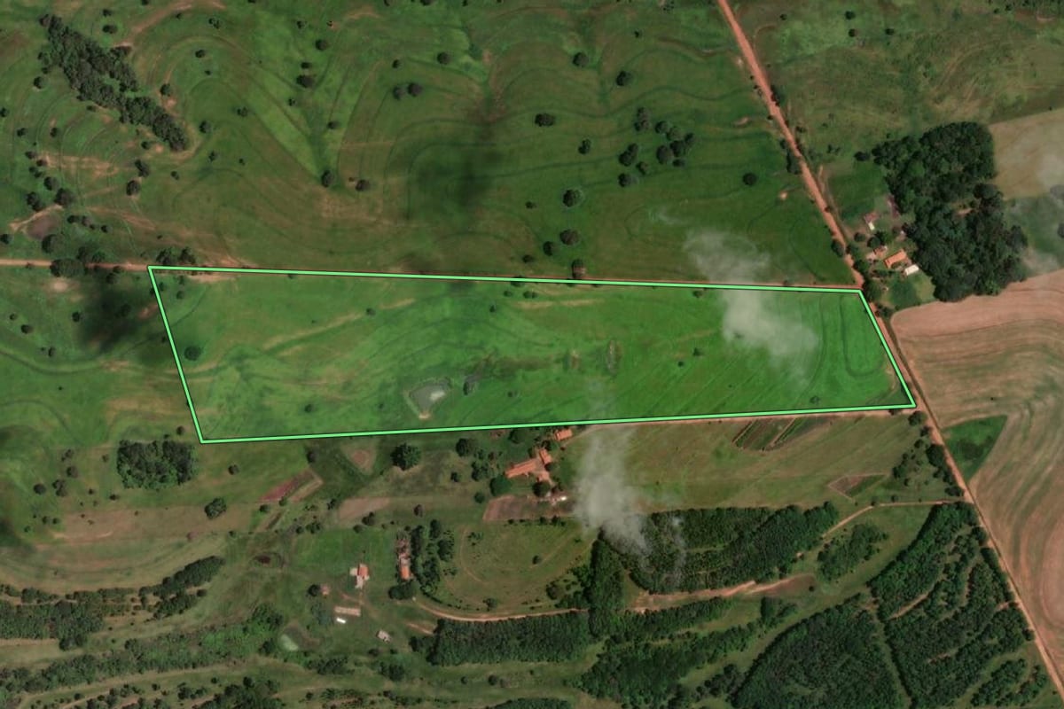 Imagem de satélite do imóvel rural em Auriflama (SP), com o contorno declarado no CAR desenhado por cima.