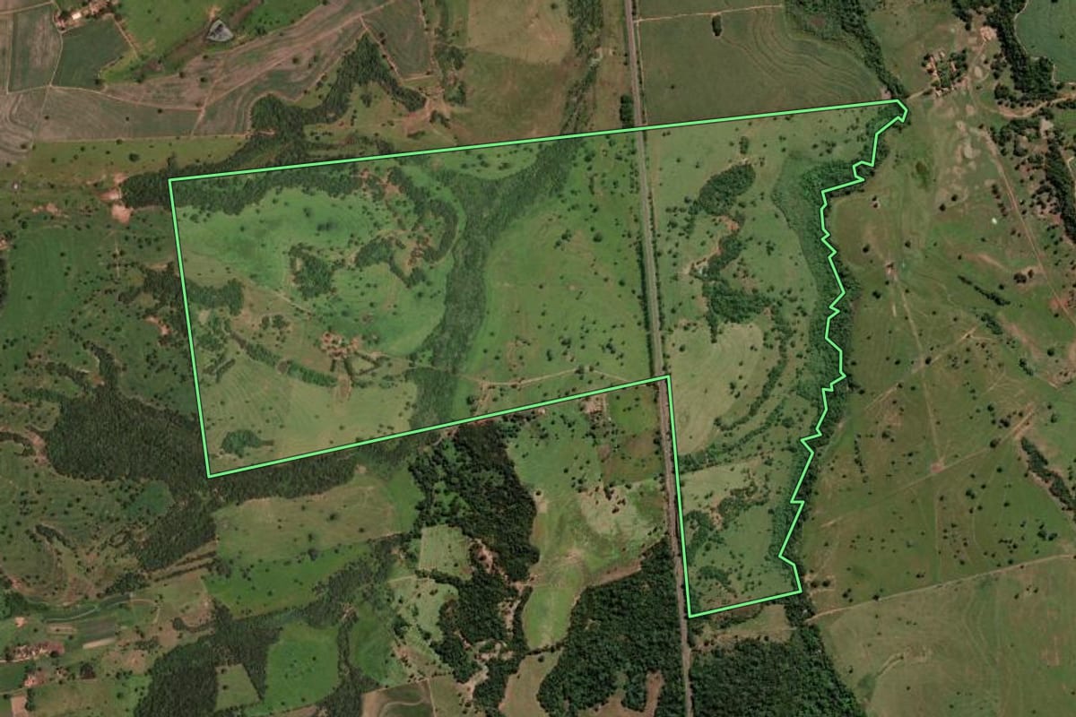 Imagem de satélite do imóvel rural em Auriflama (SP), com o contorno declarado no CAR desenhado por cima.