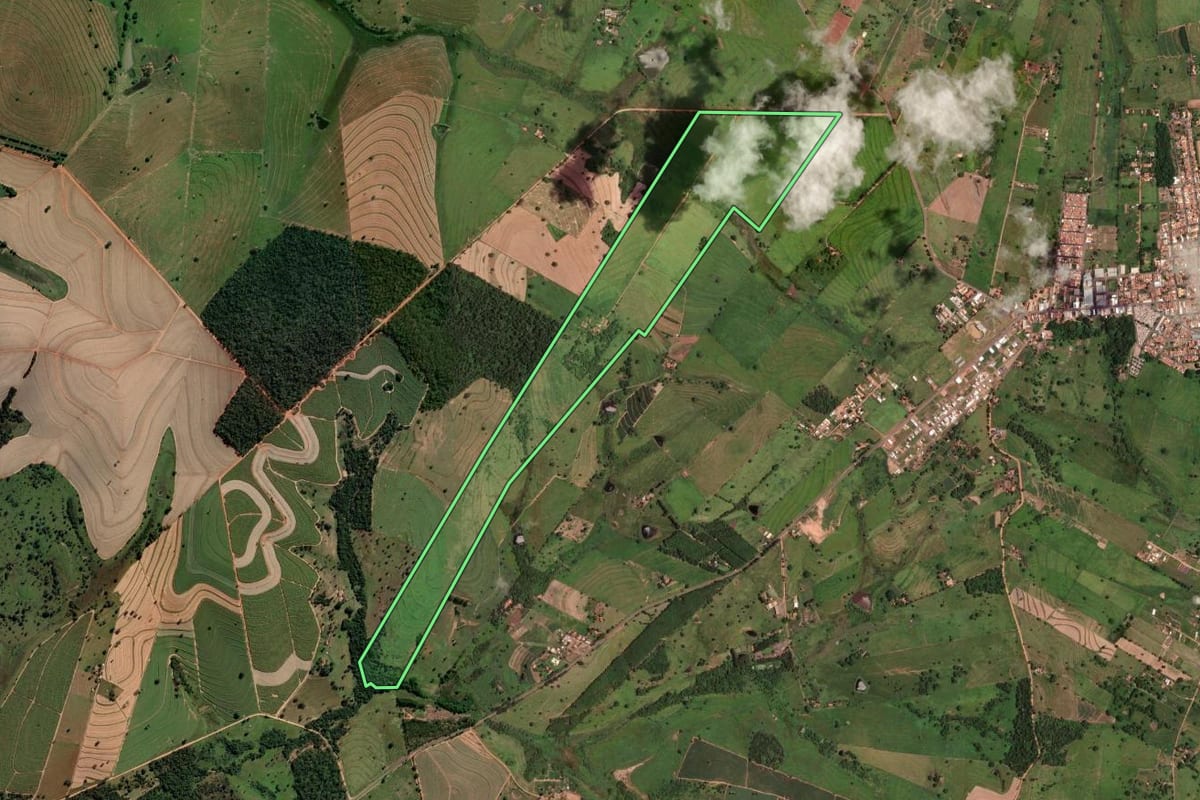 Imagem de satélite do imóvel rural em Auriflama (SP), com o contorno declarado no CAR desenhado por cima.