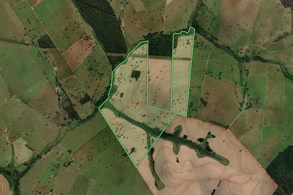 Imagem de satélite do imóvel rural em Auriflama (SP), com o contorno declarado no CAR desenhado por cima.