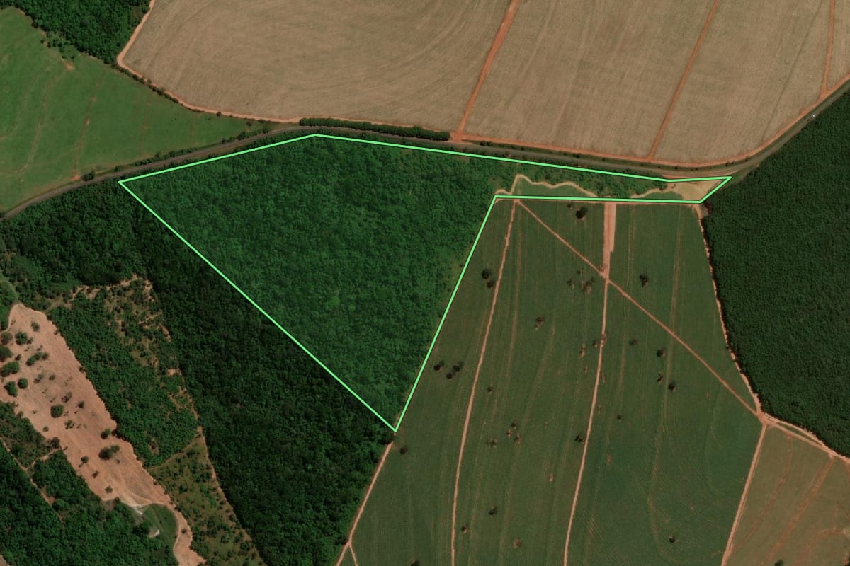 Imagem de satélite do imóvel rural em Avaí (SP), com o contorno declarado no CAR desenhado por cima.