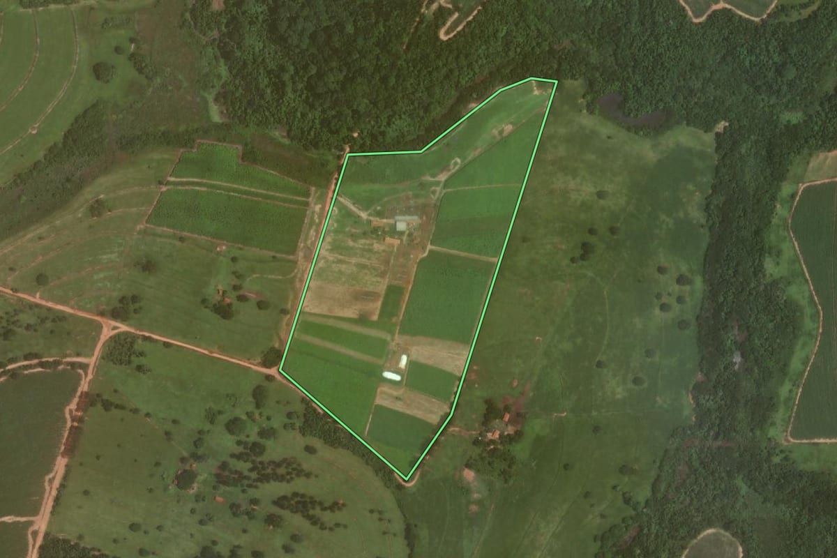 Imagem de satélite do imóvel rural em Avanhandava (SP), com o contorno declarado no CAR desenhado por cima.