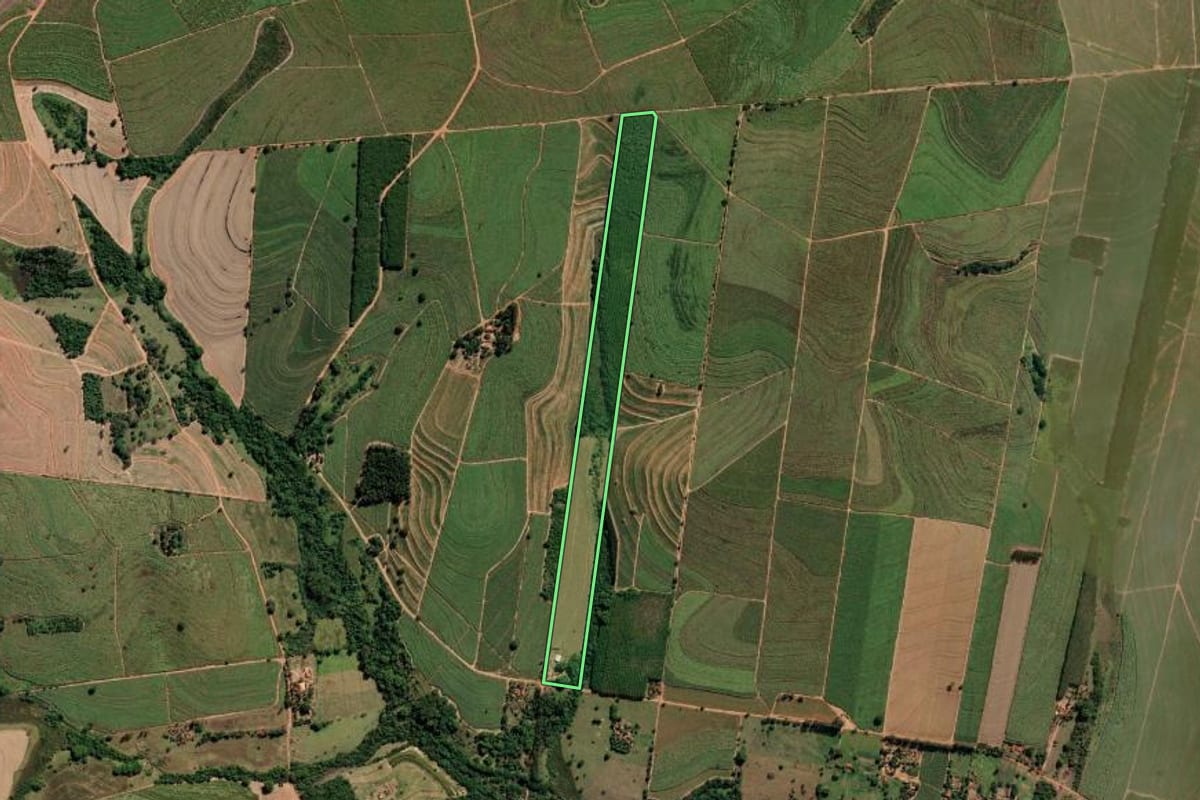 Imagem de satélite do imóvel rural em Avanhandava (SP), com o contorno declarado no CAR desenhado por cima.