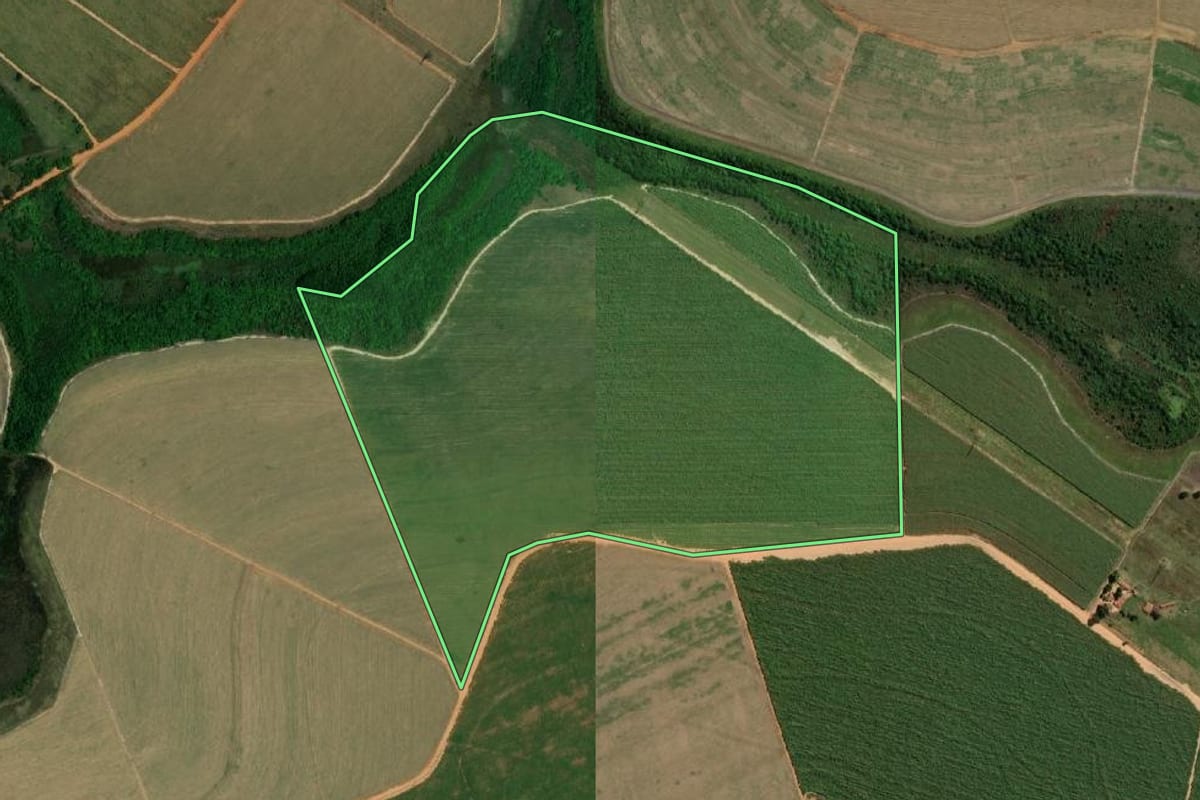 Imagem de satélite do imóvel rural em Avanhandava (SP), com o contorno declarado no CAR desenhado por cima.