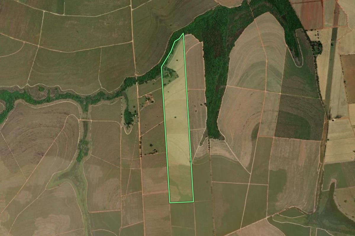 Imagem de satélite do imóvel rural em Avanhandava (SP), com o contorno declarado no CAR desenhado por cima.