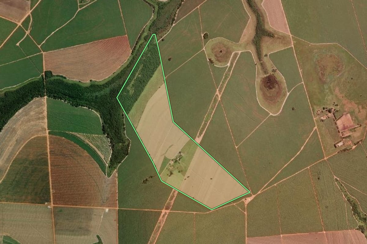 Imagem de satélite do imóvel rural em Avanhandava (SP), com o contorno declarado no CAR desenhado por cima.