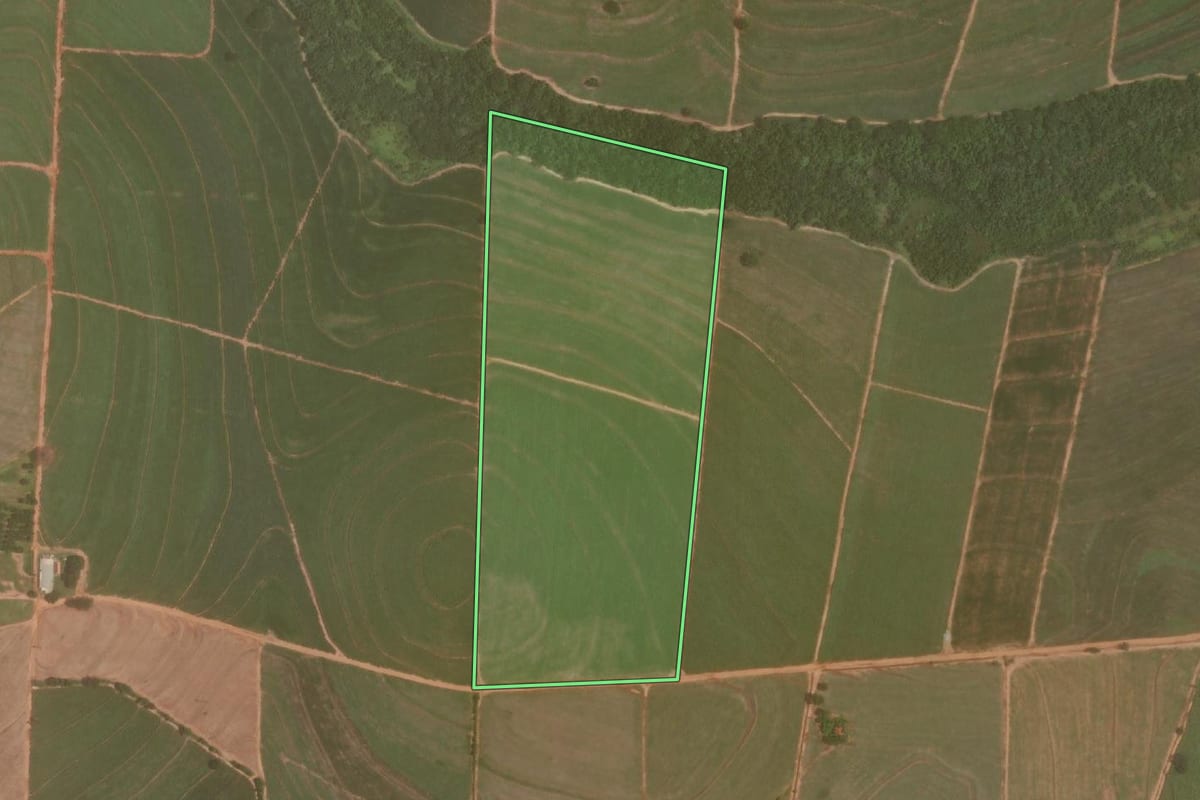 Imagem de satélite do imóvel rural em Avanhandava (SP), com o contorno declarado no CAR desenhado por cima.