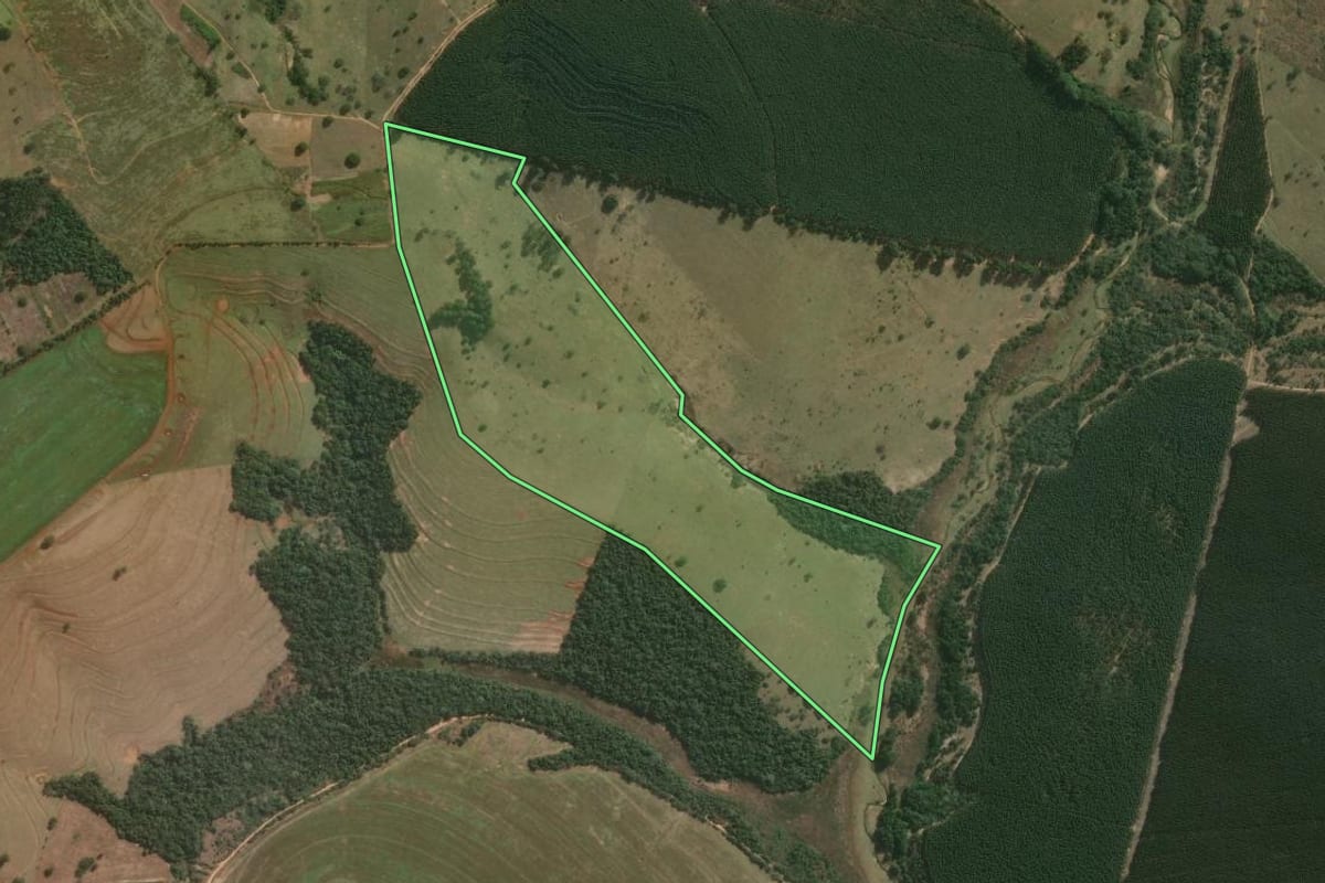 Imagem de satélite do imóvel rural em Avaré (SP), com o contorno declarado no CAR desenhado por cima.