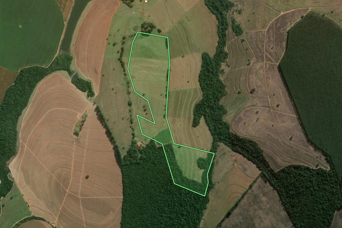 Imagem de satélite do imóvel rural em Avaré (SP), com o contorno declarado no CAR desenhado por cima.