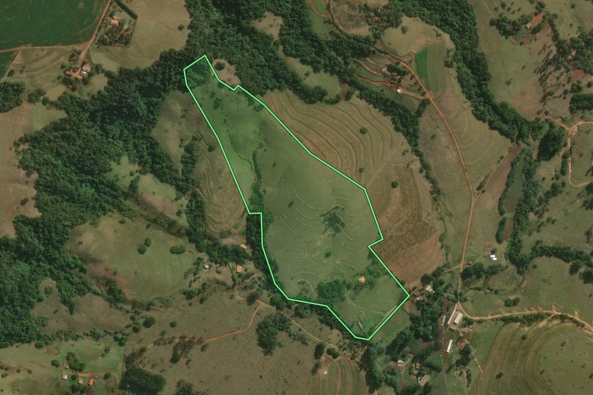 Imagem de satélite do imóvel rural em Avaré (SP), com o contorno declarado no CAR desenhado por cima.