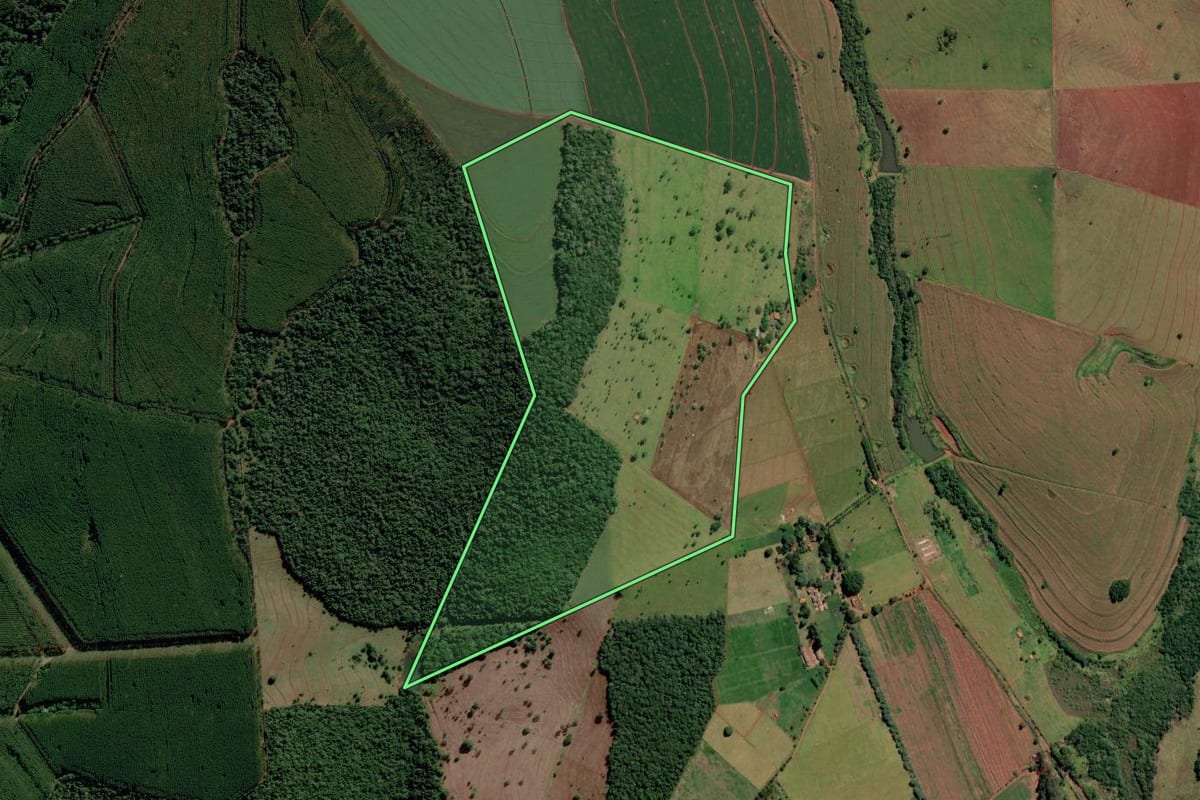 Imagem de satélite do imóvel rural em Avaré (SP), com o contorno declarado no CAR desenhado por cima.
