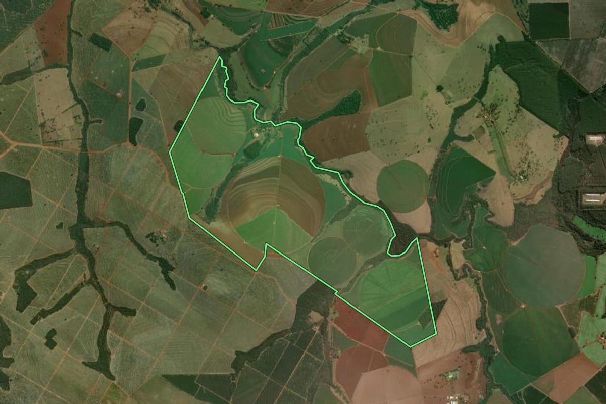 Imagem de satélite do imóvel rural em Avaré (SP), com o contorno declarado no CAR desenhado por cima.