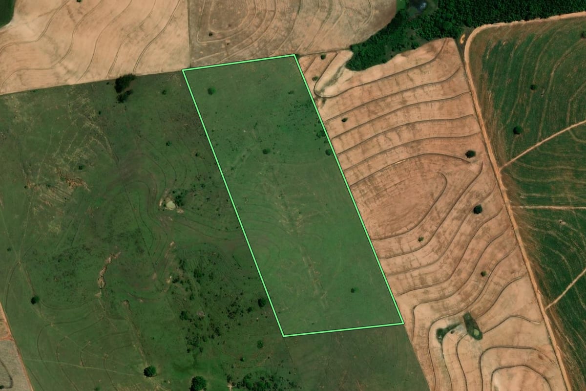 Imagem de satélite do imóvel rural em Balbinos (SP), com o contorno declarado no CAR desenhado por cima.