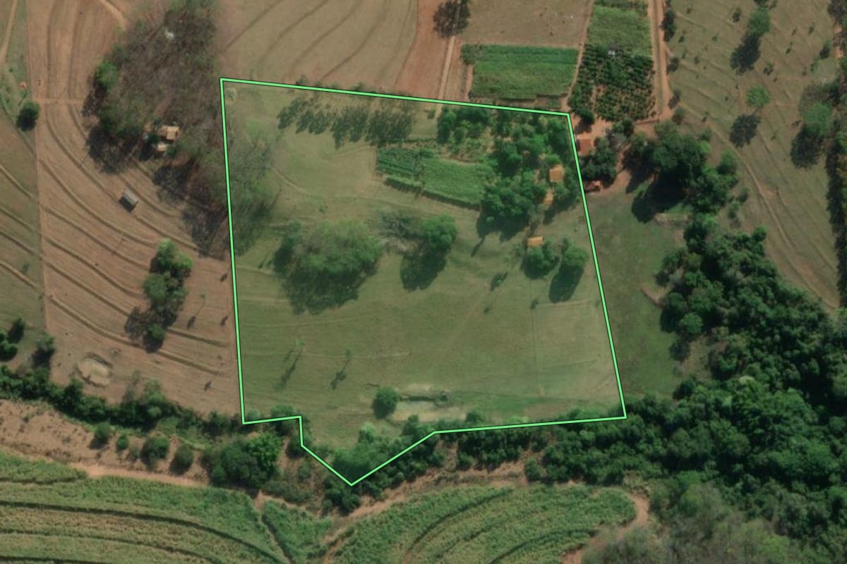Imagem de satélite do imóvel rural em Bálsamo (SP), com o contorno declarado no CAR desenhado por cima.