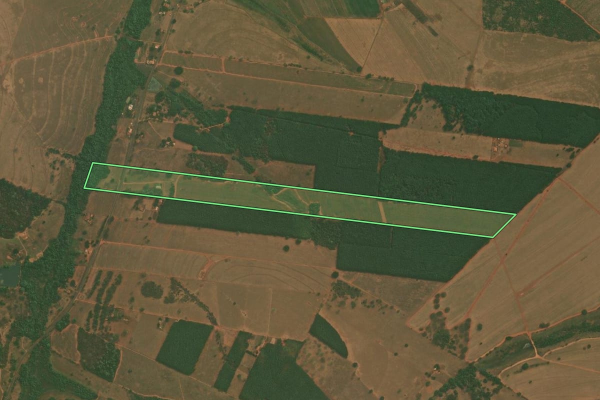 Imagem de satélite do imóvel rural em Bálsamo (SP), com o contorno declarado no CAR desenhado por cima.