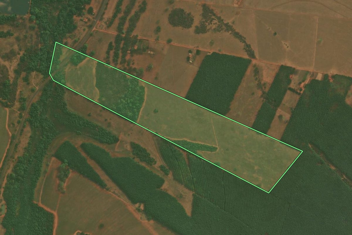 Imagem de satélite do imóvel rural em Bálsamo (SP), com o contorno declarado no CAR desenhado por cima.