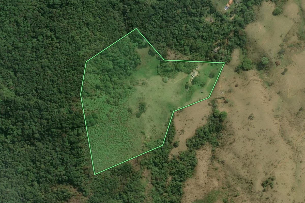 Imagem de satélite do imóvel rural em Bananal (SP), com o contorno declarado no CAR desenhado por cima.