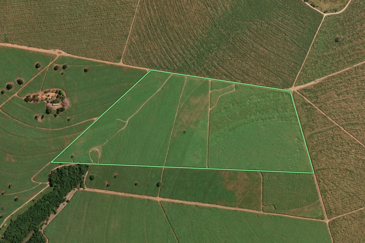 Imagem de satélite do imóvel rural em Barbosa (SP), com o contorno declarado no CAR desenhado por cima.