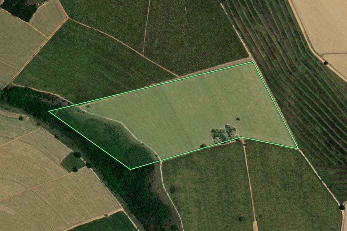 Imagem de satélite do imóvel rural em Barbosa (SP), com o contorno declarado no CAR desenhado por cima.