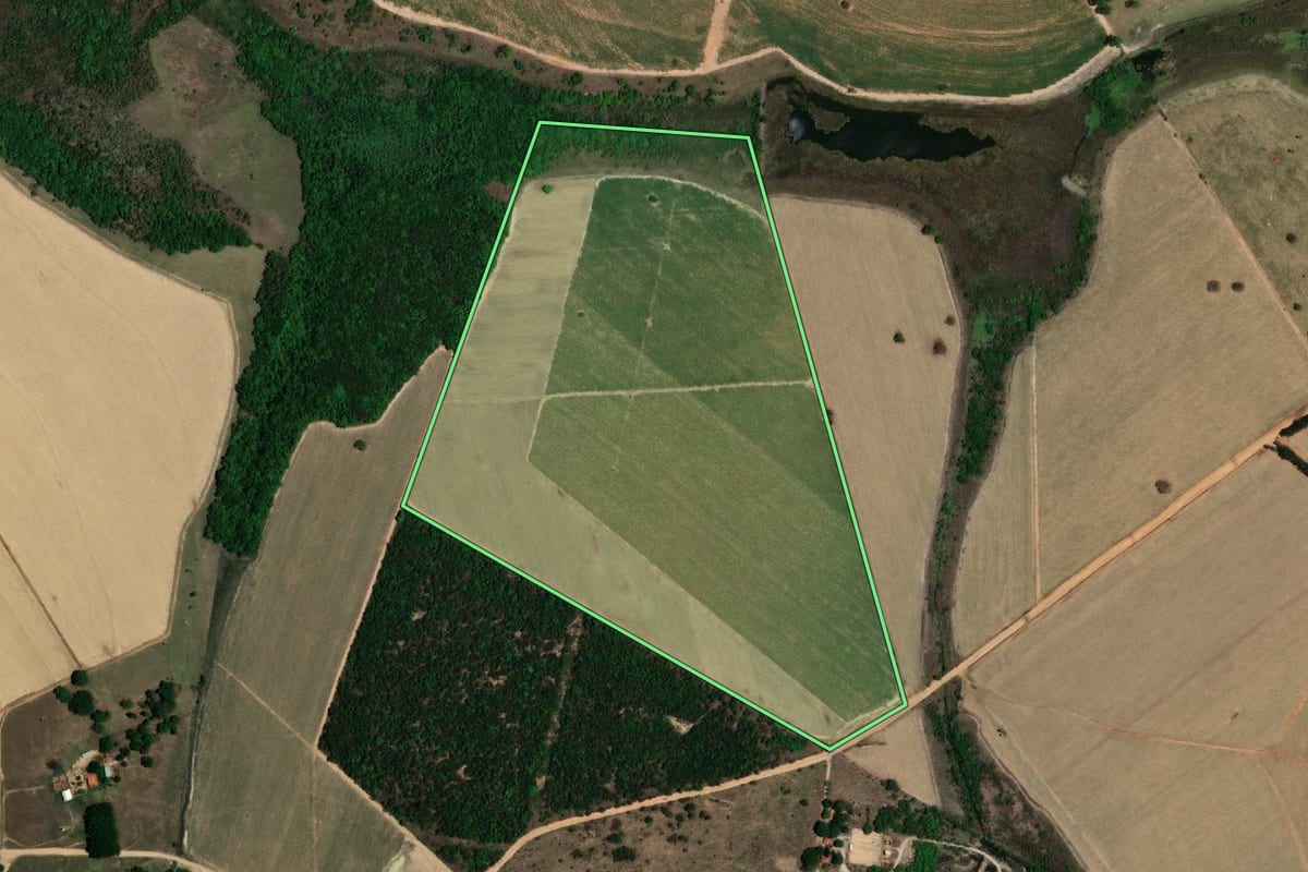 Imagem de satélite do imóvel rural em Barbosa (SP), com o contorno declarado no CAR desenhado por cima.