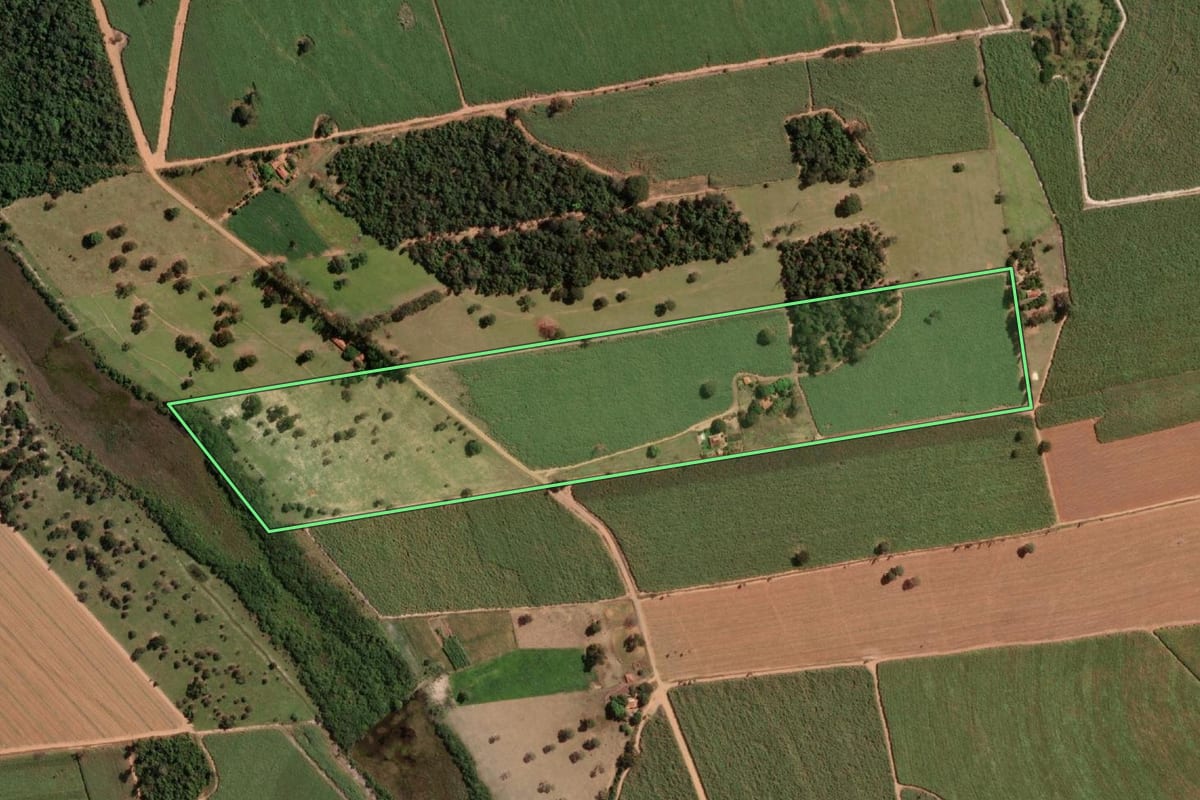 Imagem de satélite do imóvel rural em Barbosa (SP), com o contorno declarado no CAR desenhado por cima.