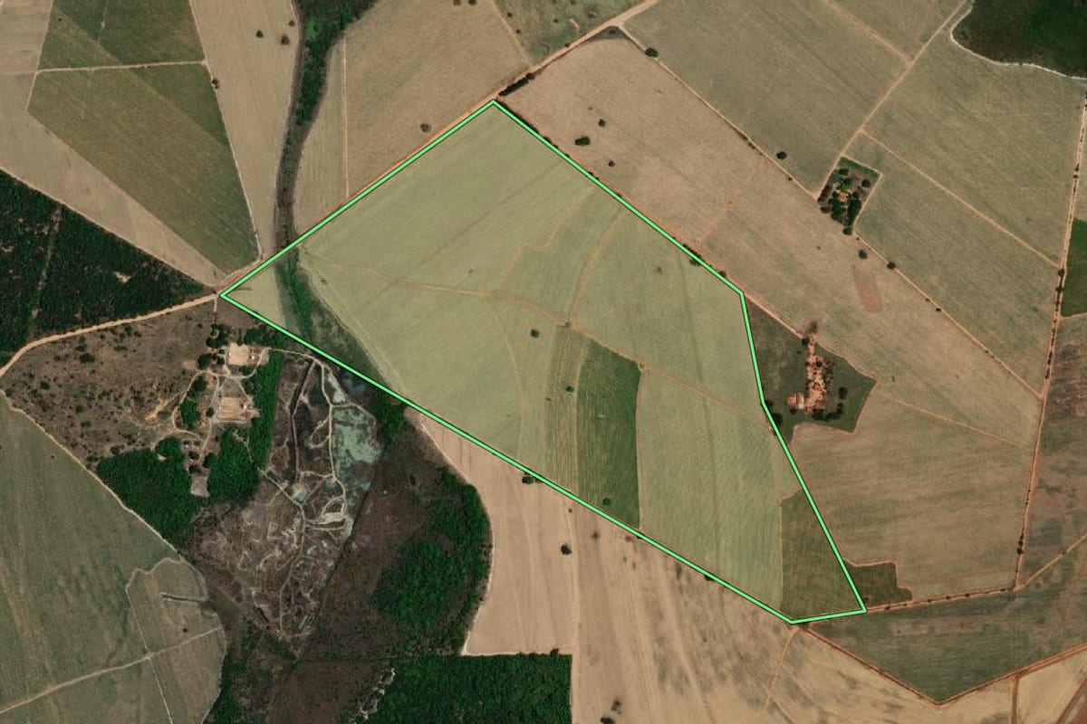Imagem de satélite do imóvel rural em Barbosa (SP), com o contorno declarado no CAR desenhado por cima.