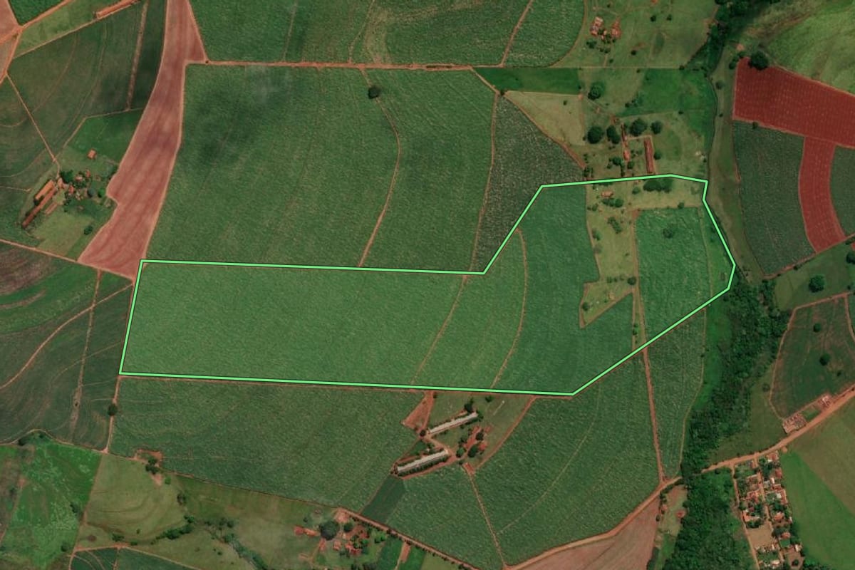 Imagem de satélite do imóvel rural em Bariri (SP), com o contorno declarado no CAR desenhado por cima.