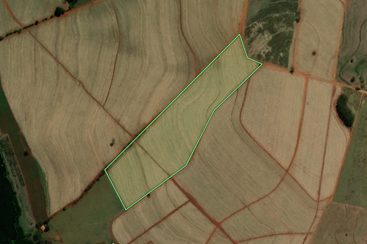 Imagem de satélite do imóvel rural em Bariri (SP), com o contorno declarado no CAR desenhado por cima.