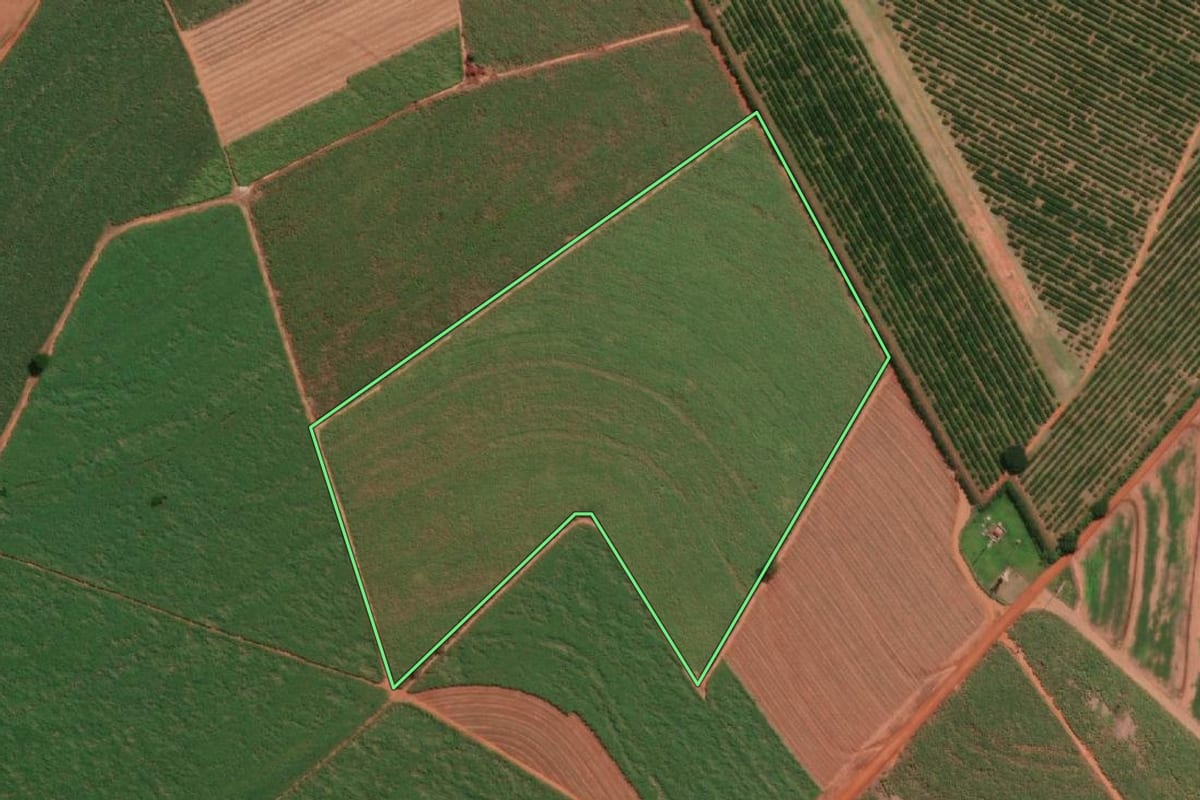 Imagem de satélite do imóvel rural em Bariri (SP), com o contorno declarado no CAR desenhado por cima.