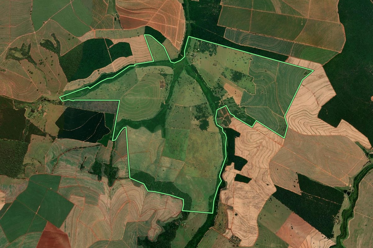 Imagem de satélite do imóvel rural em Bariri (SP), com o contorno declarado no CAR desenhado por cima.