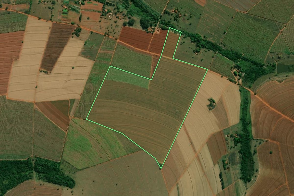 Imagem de satélite do imóvel rural em Bariri (SP), com o contorno declarado no CAR desenhado por cima.