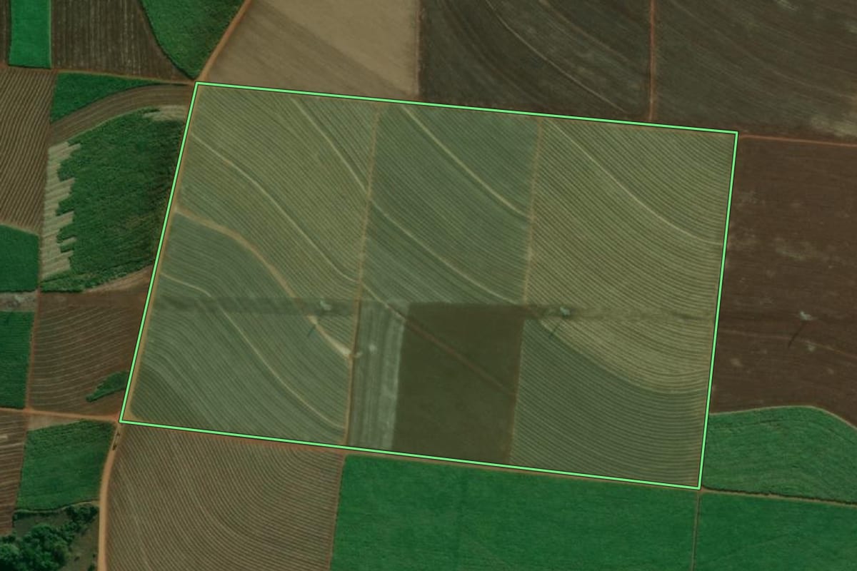 Imagem de satélite do imóvel rural em Barra Bonita (SP), com o contorno declarado no CAR desenhado por cima.