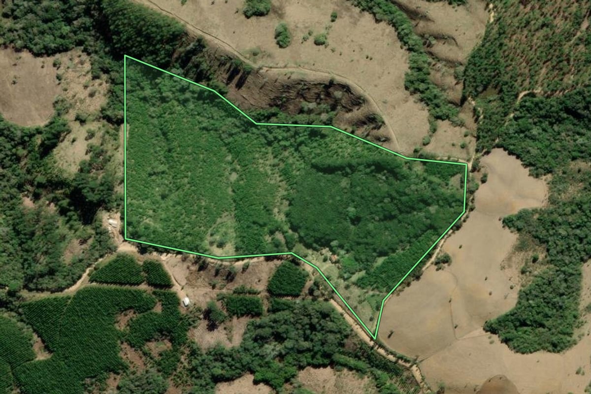 Imagem de satélite do imóvel rural em Barra do Chapéu (SP), com o contorno declarado no CAR desenhado por cima.