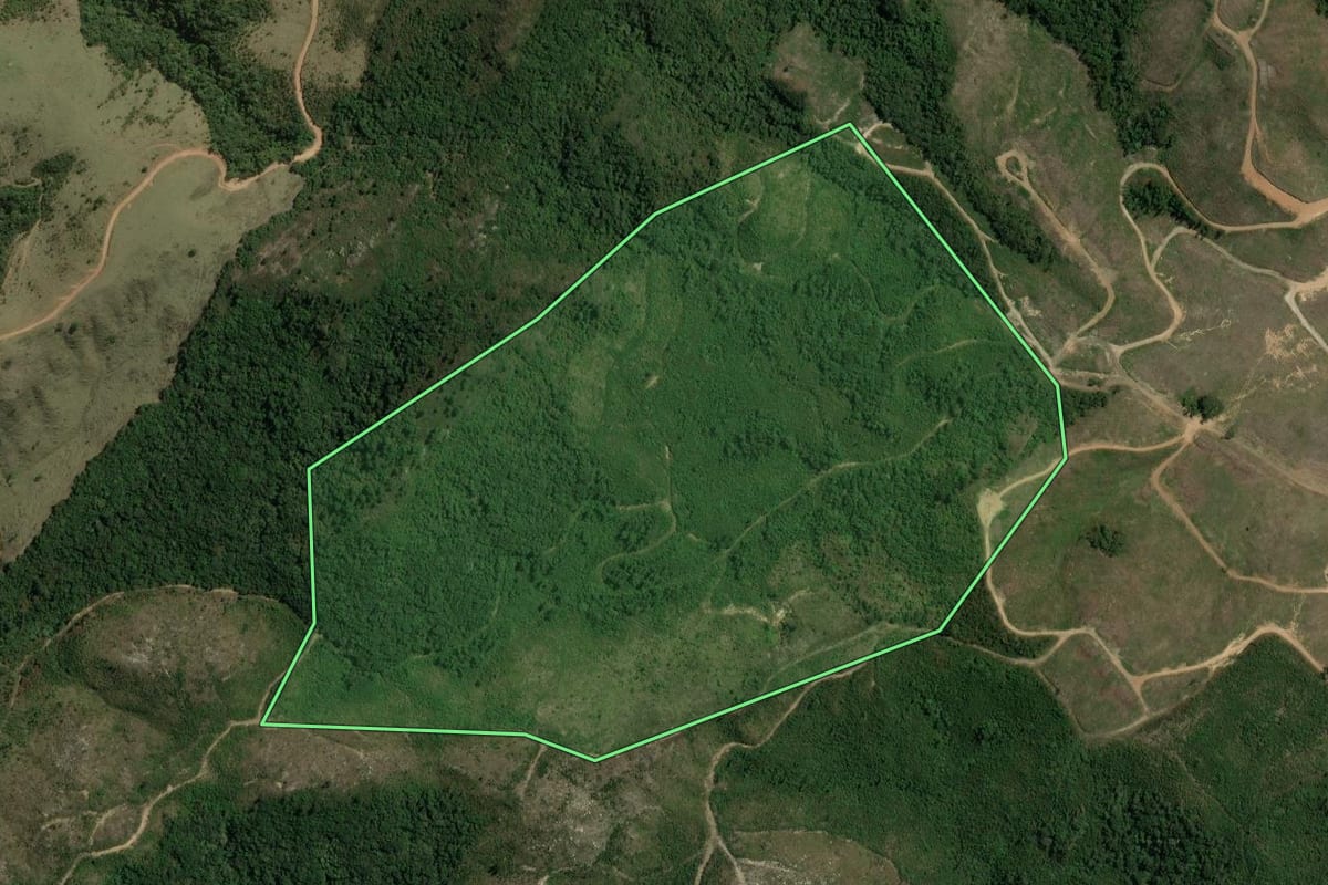 Imagem de satélite do imóvel rural em Barra do Chapéu (SP), com o contorno declarado no CAR desenhado por cima.