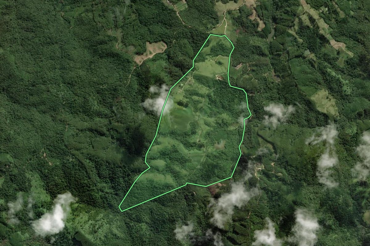 Imagem de satélite do imóvel rural em Apiaí (SP), com o contorno declarado no CAR desenhado por cima.