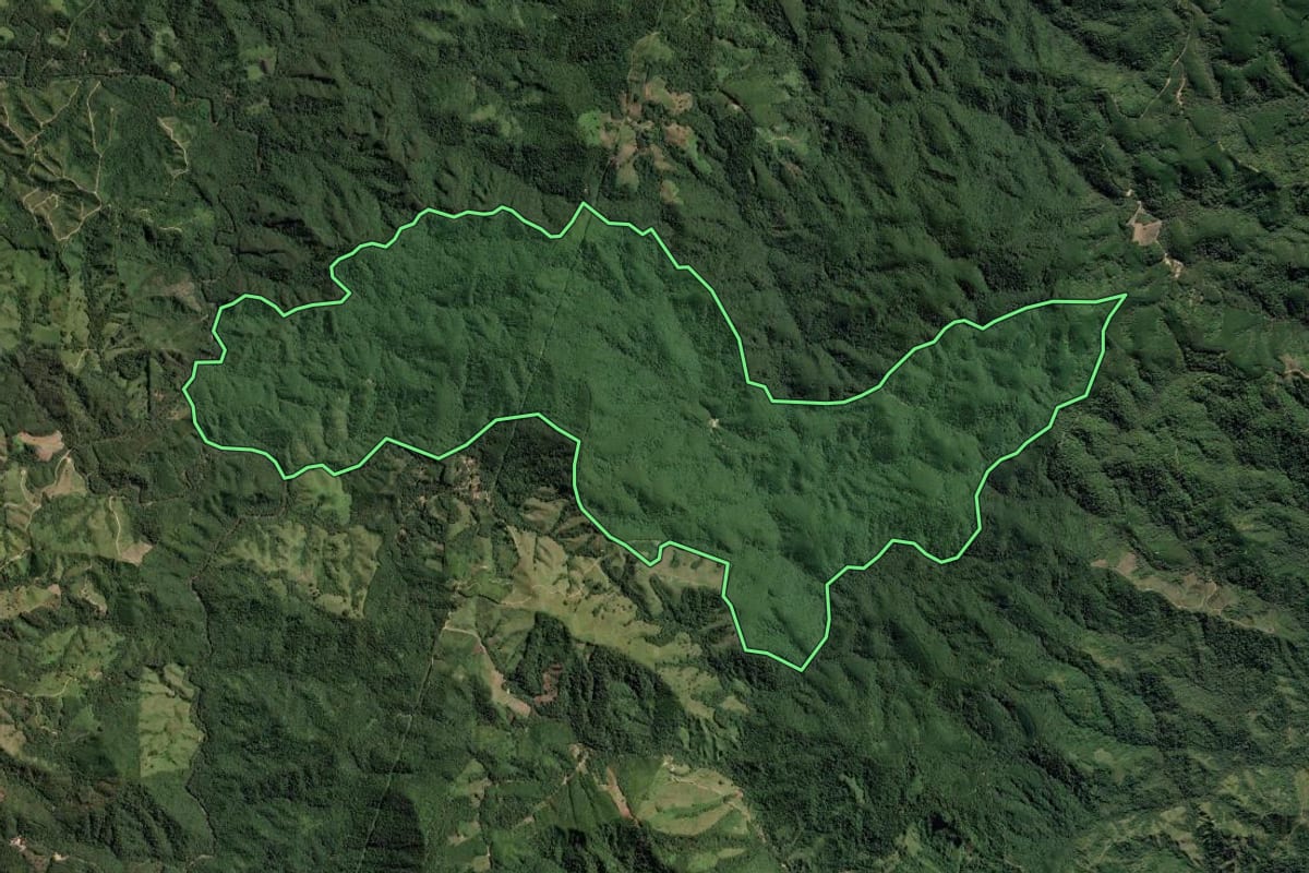 Imagem de satélite do imóvel rural em Barra do Chapéu (SP), com o contorno declarado no CAR desenhado por cima.