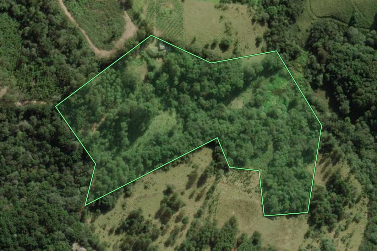 Imagem de satélite do imóvel rural em Barra do Chapéu (SP), com o contorno declarado no CAR desenhado por cima.