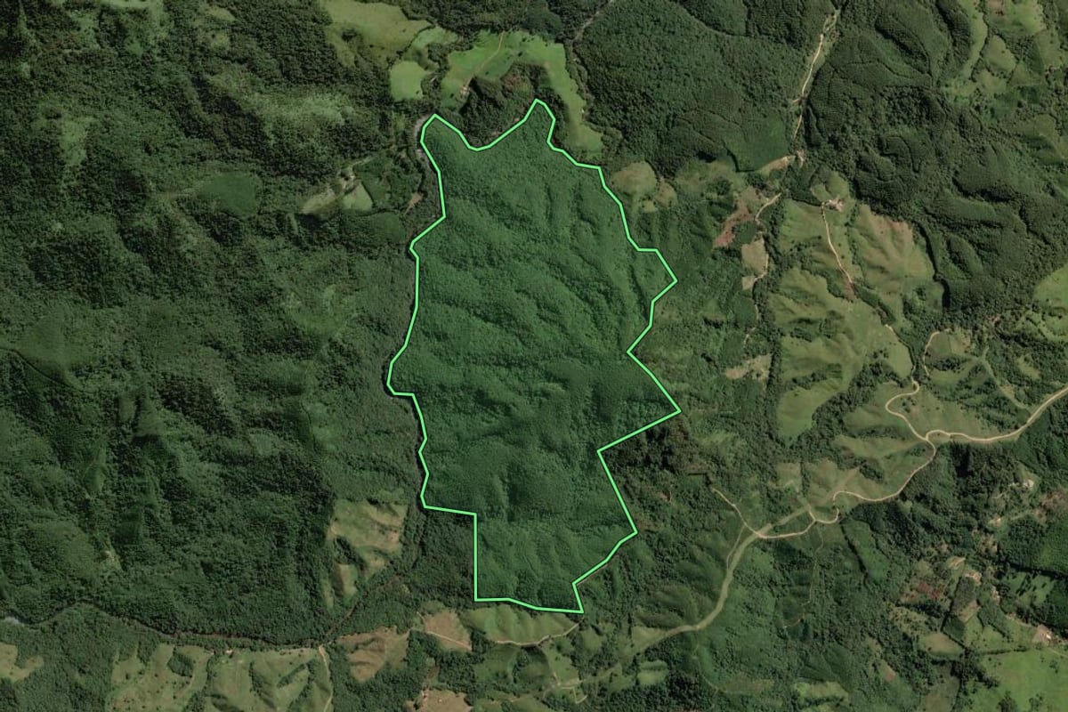 Imagem de satélite do imóvel rural em Barra do Chapéu (SP), com o contorno declarado no CAR desenhado por cima.