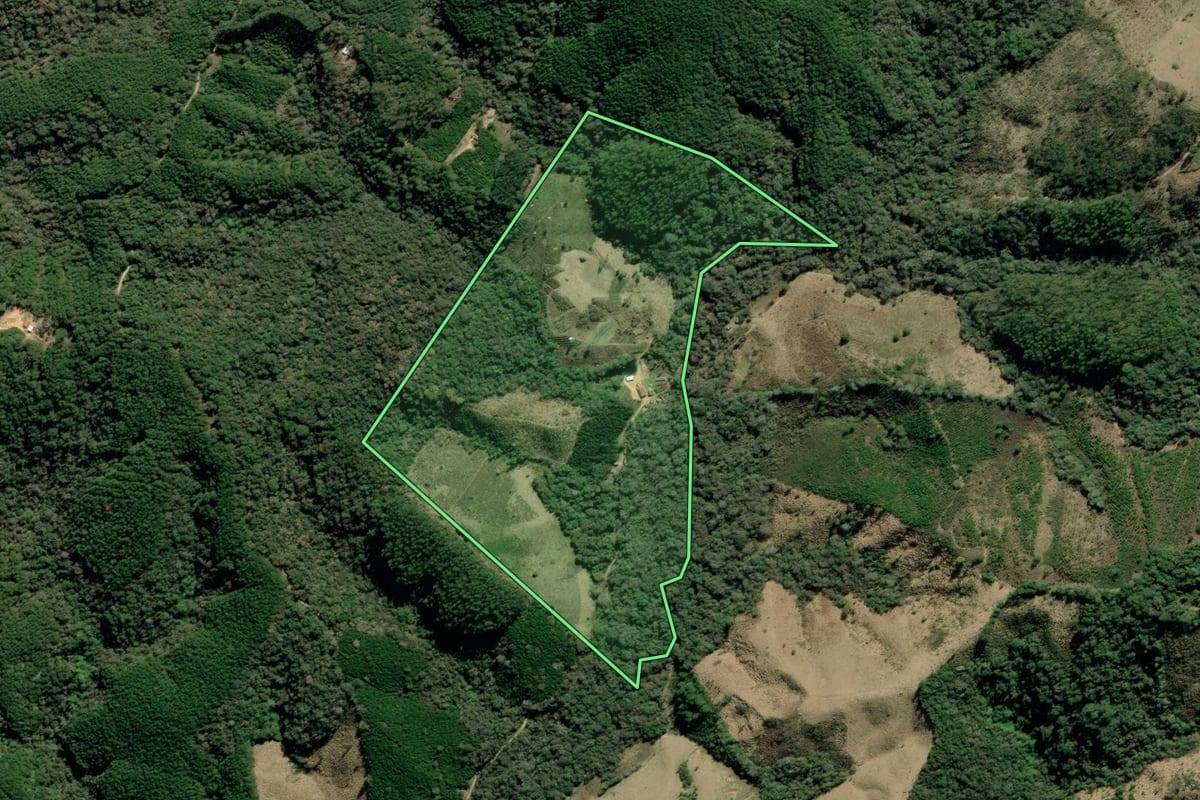 Imagem de satélite do imóvel rural em Barra do Chapéu (SP), com o contorno declarado no CAR desenhado por cima.