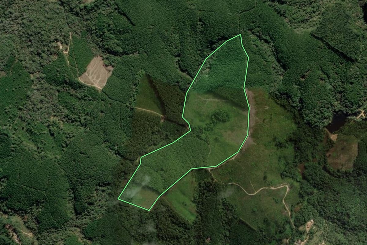 Imagem de satélite do imóvel rural em Barra do Chapéu (SP), com o contorno declarado no CAR desenhado por cima.