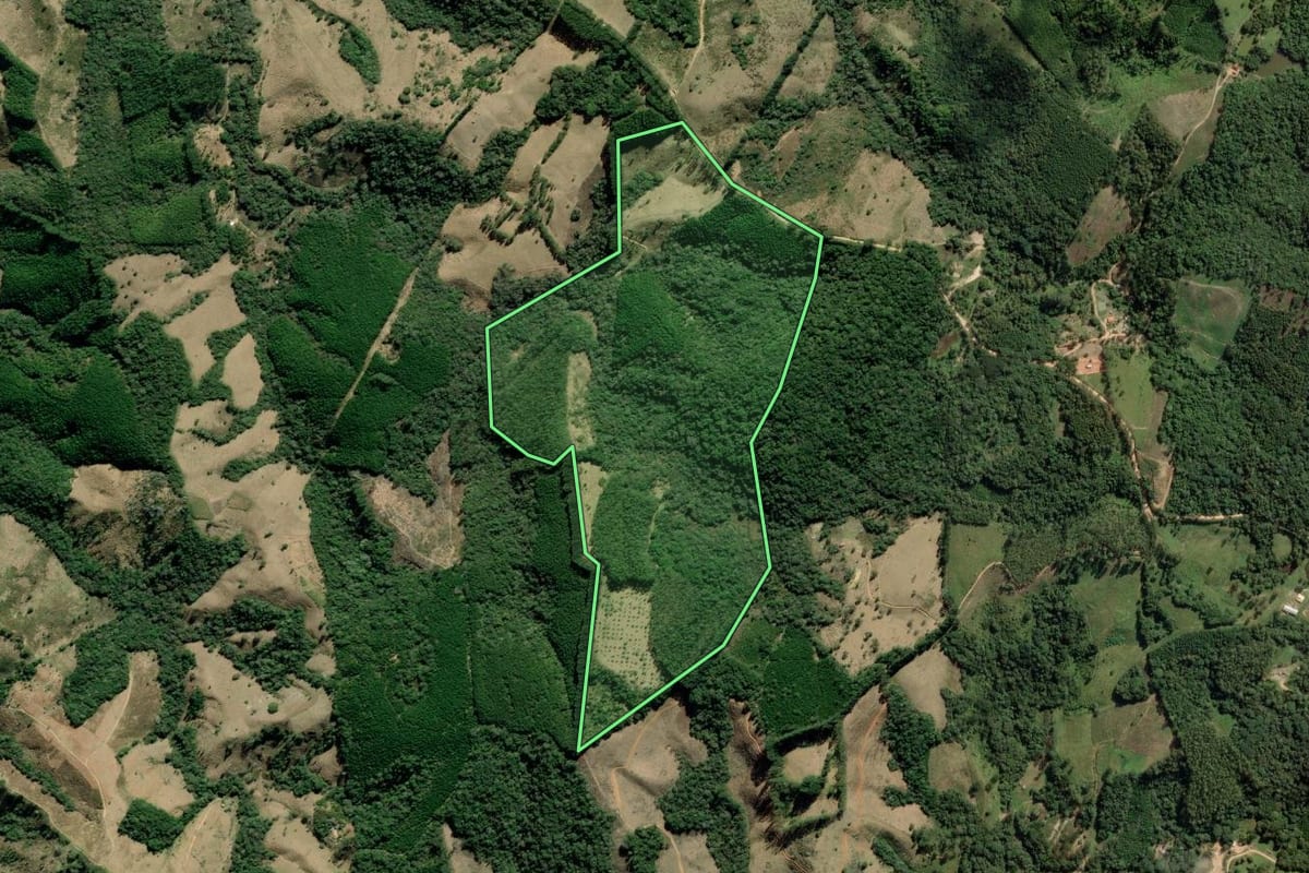 Imagem de satélite do imóvel rural em Barra do Chapéu (SP), com o contorno declarado no CAR desenhado por cima.