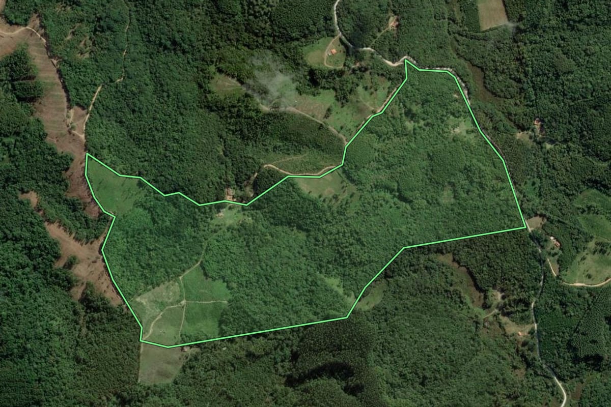 Imagem de satélite do imóvel rural em Barra do Chapéu (SP), com o contorno declarado no CAR desenhado por cima.