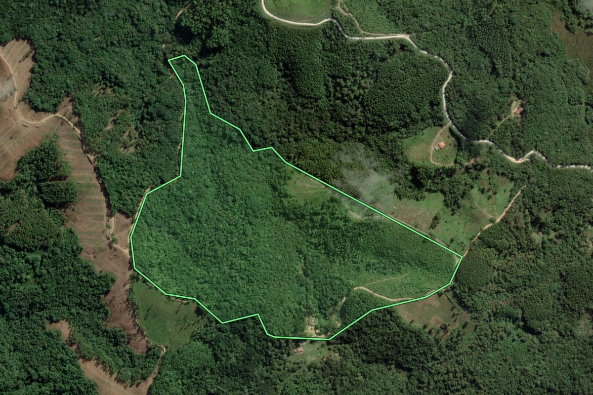 Imagem de satélite do imóvel rural em Barra do Chapéu (SP), com o contorno declarado no CAR desenhado por cima.