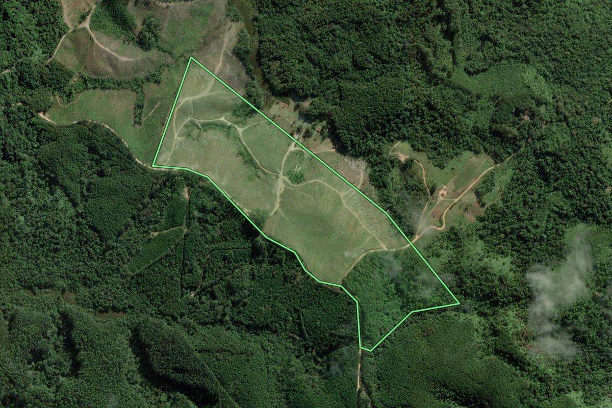 Imagem de satélite do imóvel rural em Barra do Chapéu (SP), com o contorno declarado no CAR desenhado por cima.