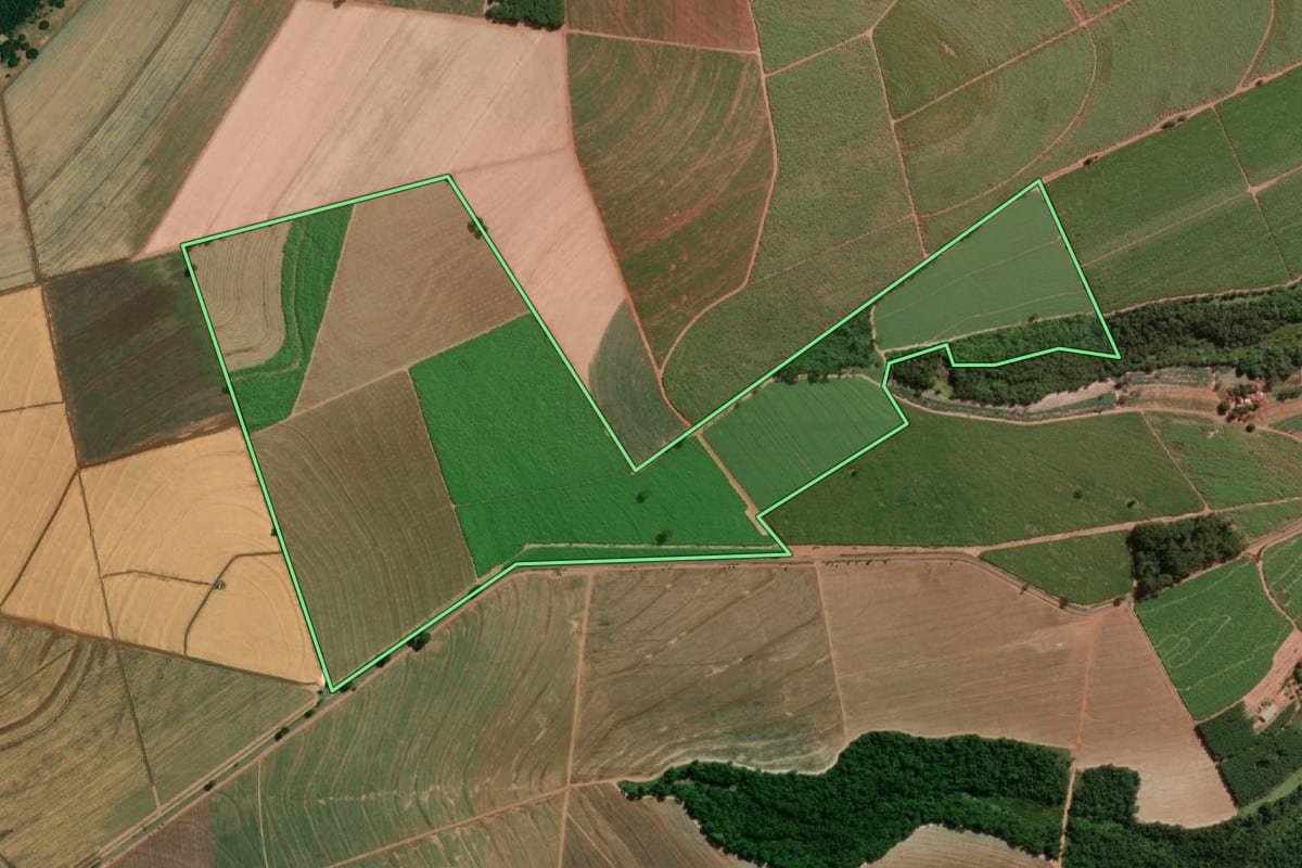 Imagem de satélite do imóvel rural em Barretos (SP), com o contorno declarado no CAR desenhado por cima.