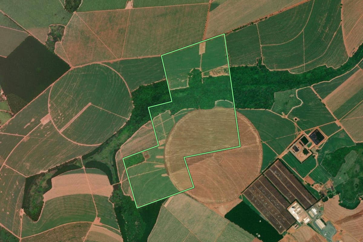 Imagem de satélite do imóvel rural em Barretos (SP), com o contorno declarado no CAR desenhado por cima.
