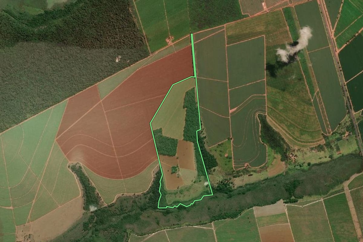 Imagem de satélite do imóvel rural em Barretos (SP), com o contorno declarado no CAR desenhado por cima.